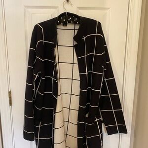 Tahari Black and White Cardigan Sweater with Grid Pattern